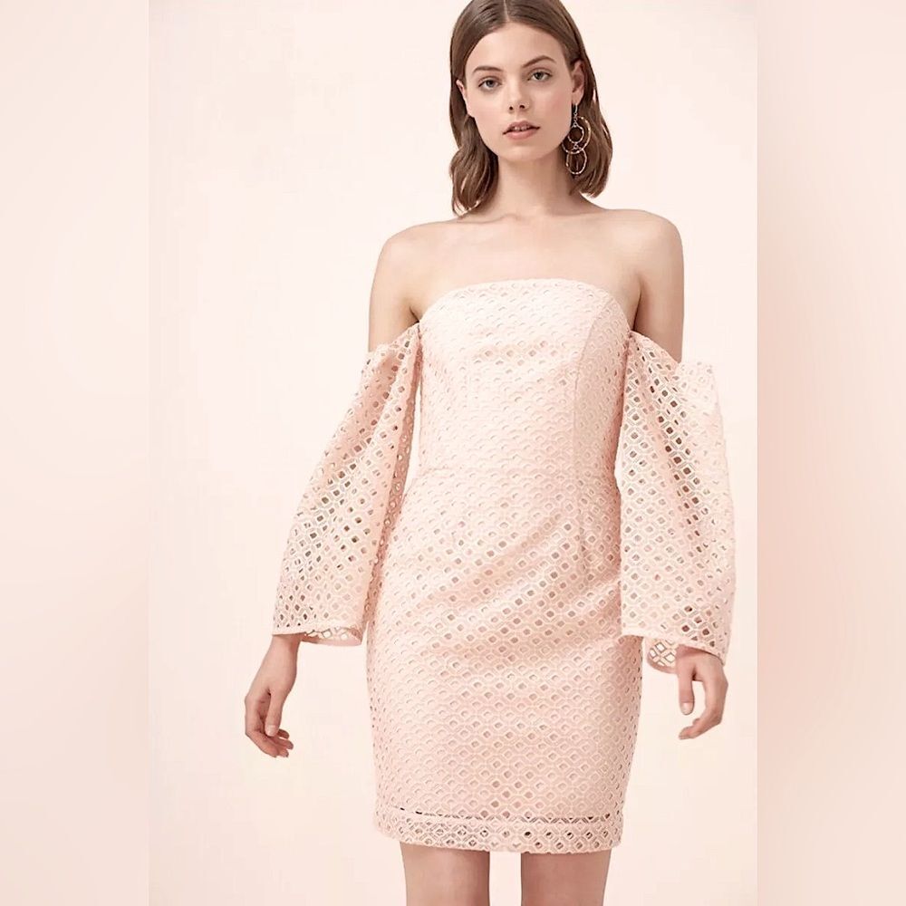 Keepsake the Label Last Dance Off Shoulder Lace Mini Dress in Baby Pink size S